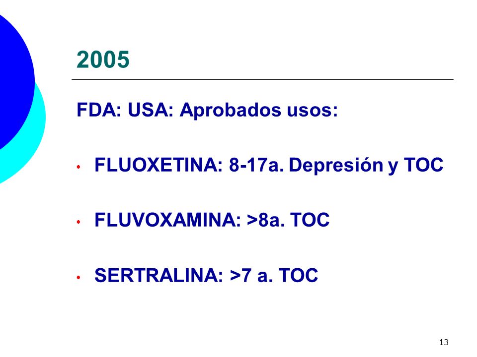 2005 FDA: USA: Aprobados usos: FLUOXETINA: 8-17a. Depresión y TOC