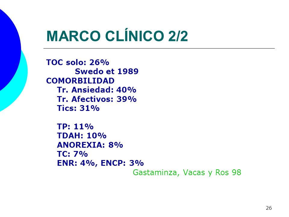 MARCO CLÍNICO 2/2 TOC solo: 26% Swedo et 1989 COMORBILIDAD