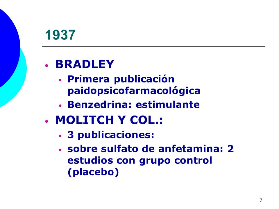 1937 BRADLEY. Primera publicación paidopsicofarmacológica. Benzedrina: estimulante. MOLITCH Y COL.: