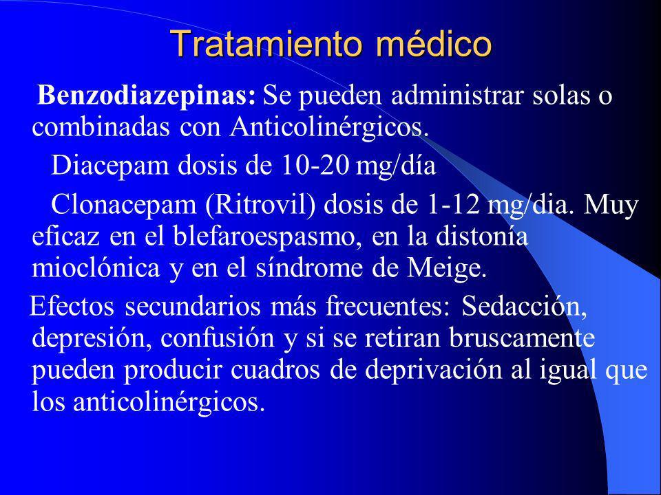 Tratamiento médico Benzodiazepinas: Se pueden administrar solas o combinadas con Anticolinérgicos. Diacepam dosis de mg/día.
