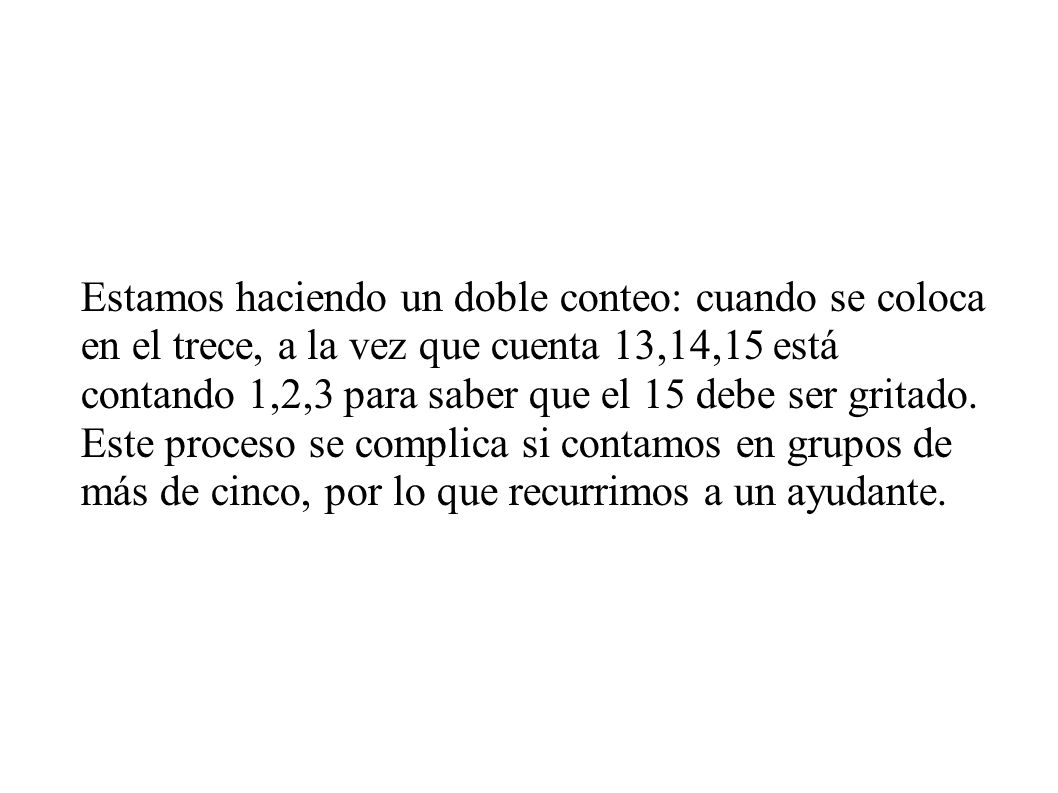 Estamos haciendo un doble conteo: cuando se coloca en el trece, a la vez que cuenta 13,14,15 está contando 1,2,3 para saber que el 15 debe ser gritado.