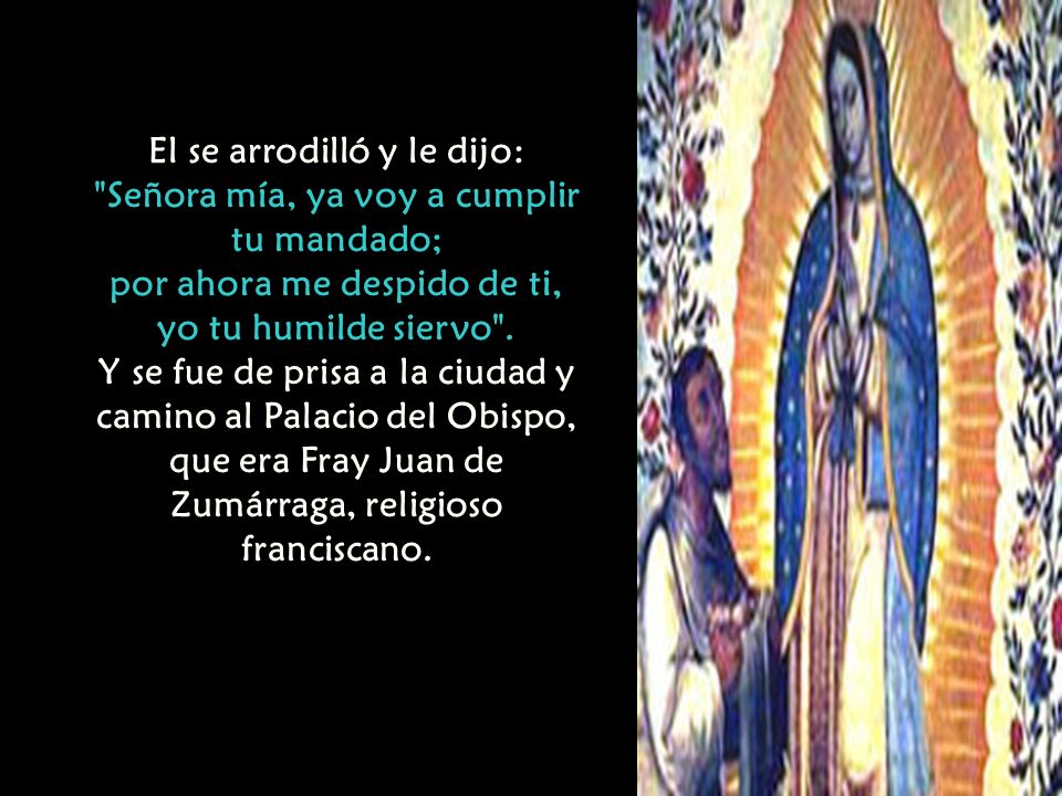 El se arrodilló y le dijo: Señora mía, ya voy a cumplir tu mandado;
