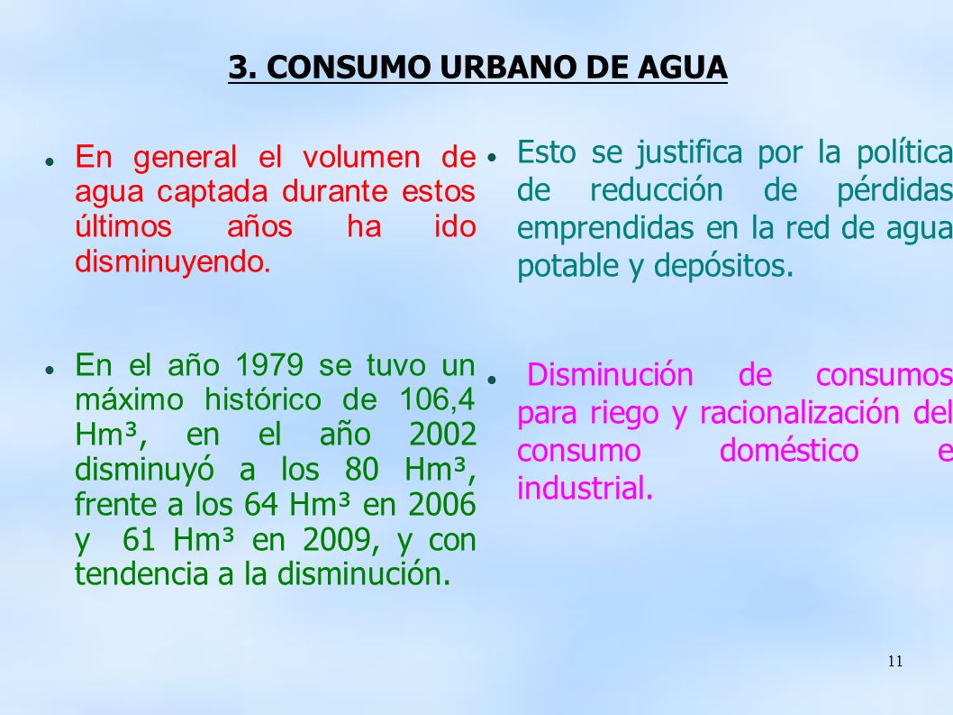 3. CONSUMO URBANO DE AGUA Esto se justifica por la política de reducción de pérdidas emprendidas en la red de agua potable y depósitos.
