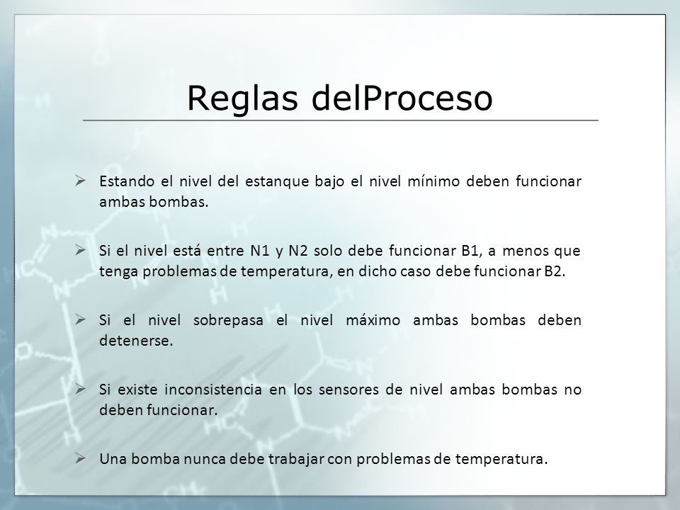 Reglas delProceso Estando el nivel del estanque bajo el nivel mínimo deben funcionar ambas bombas.