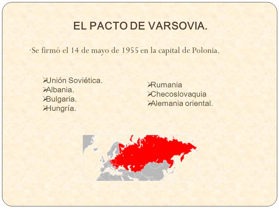 EL PACTO DE VARSOVIA. ·Se firmó el 14 de mayo de 1955 en la capital de Polonia. Unión Soviética. Albania.