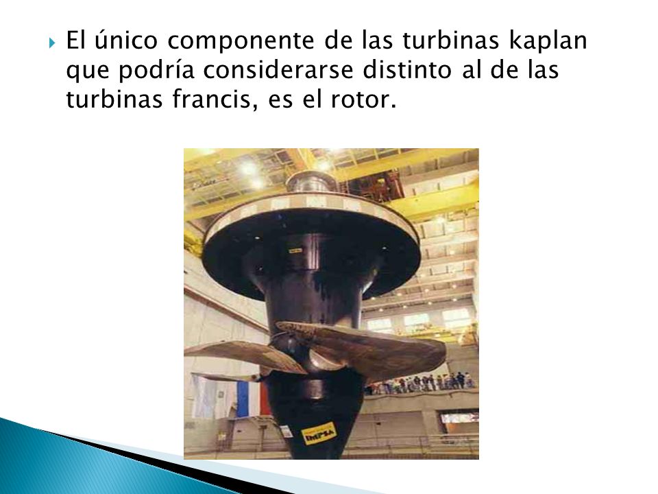 El único componente de las turbinas kaplan que podría considerarse distinto al de las turbinas francis, es el rotor.