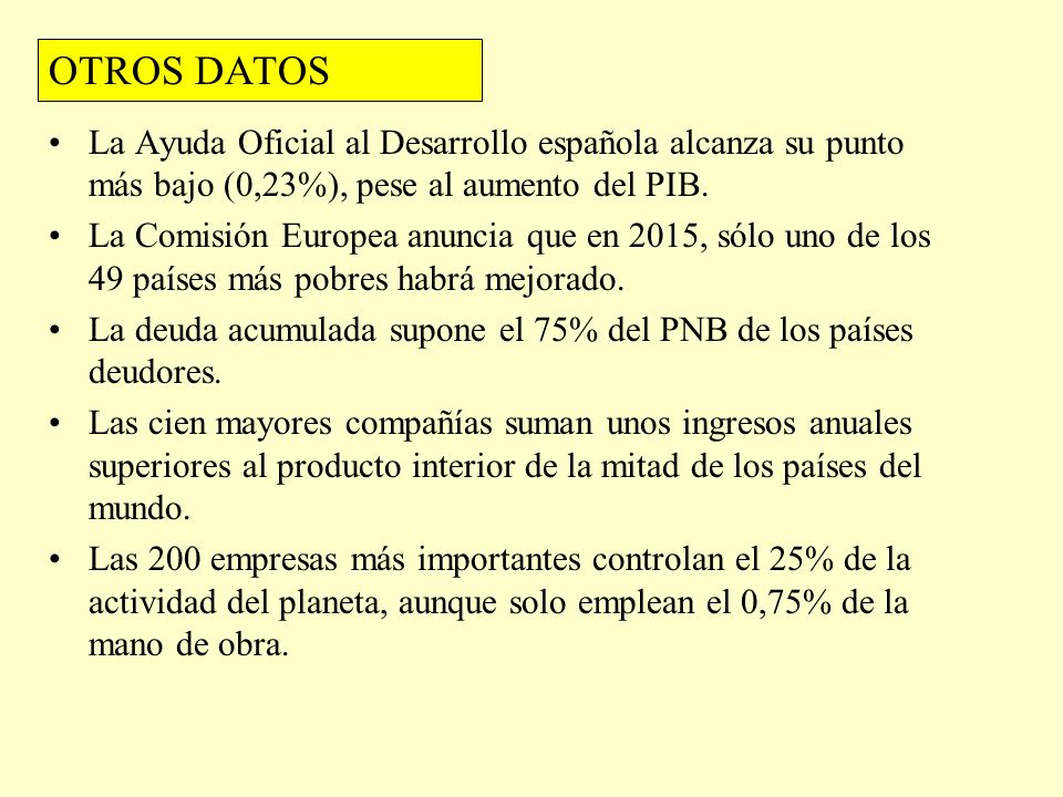 OTROS DATOS La Ayuda Oficial al Desarrollo española alcanza su punto más bajo (0,23%), pese al aumento del PIB.