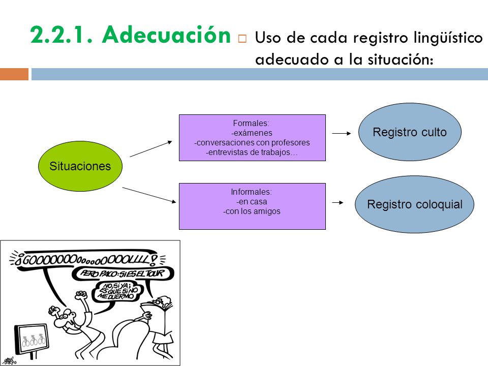 Adecuación Uso de cada registro lingüístico adecuado a la situación: Registro culto. Formales: