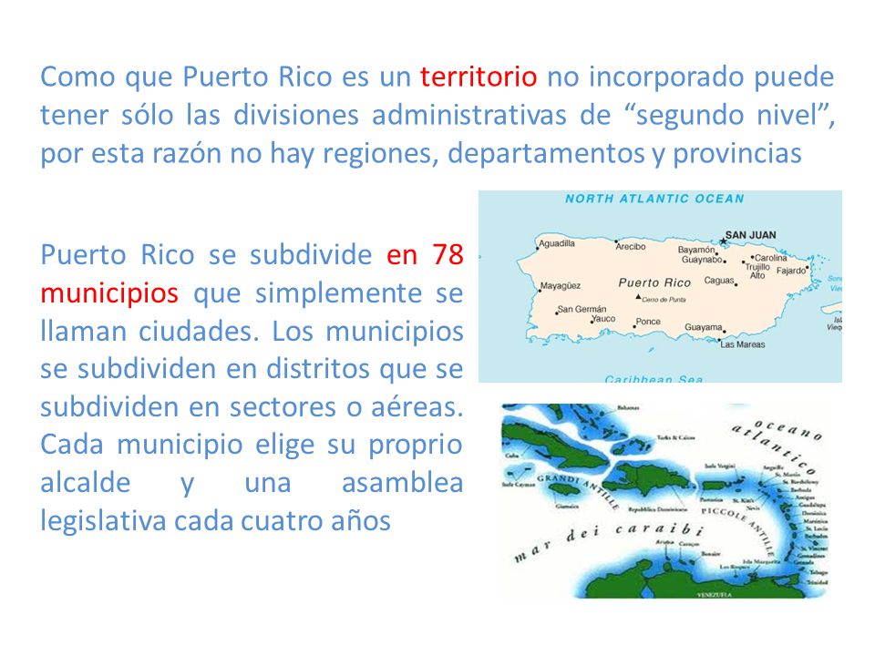 Como que Puerto Rico es un territorio no incorporado puede tener sólo las divisiones administrativas de segundo nivel , por esta razón no hay regiones, departamentos y provincias