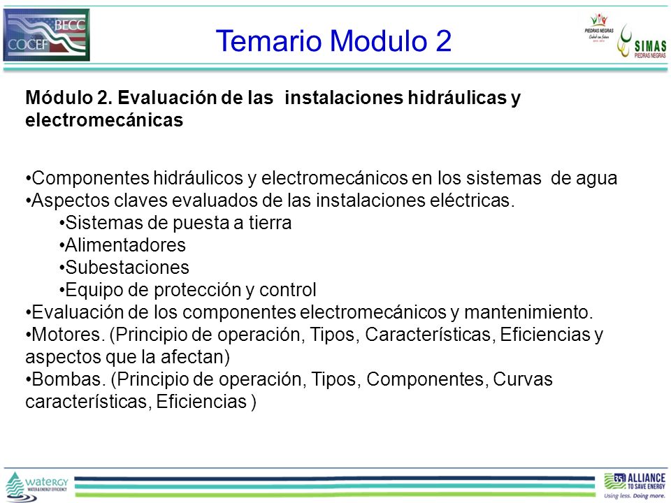 Temario Modulo 2 Módulo 2. Evaluación de las instalaciones hidráulicas y electromecánicas.