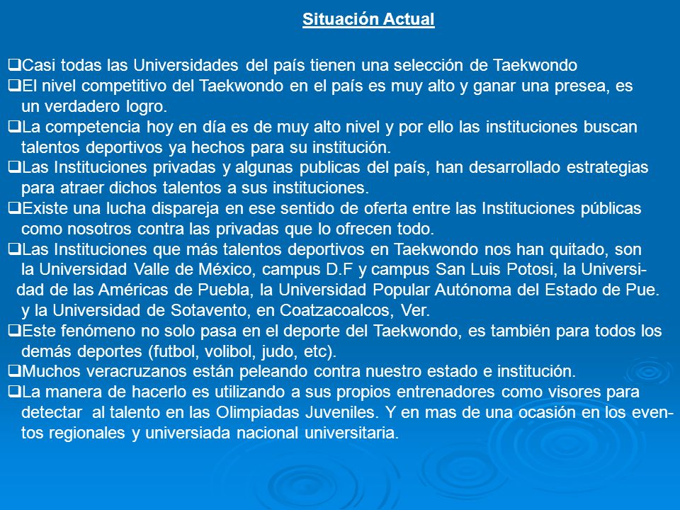 Situación Actual Casi todas las Universidades del país tienen una selección de Taekwondo.