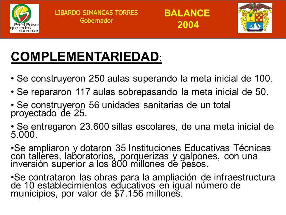 COMPLEMENTARIEDAD: Se construyeron 250 aulas superando la meta inicial de 100. Se repararon 117 aulas sobrepasando la meta inicial de 50.