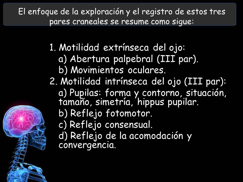 1. Motilidad extrínseca del ojo: a) Abertura palpebral (III par).