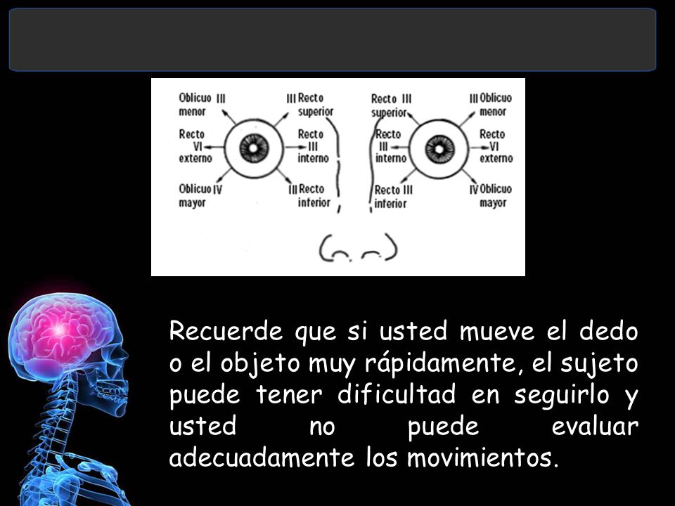 Recuerde que si usted mueve el dedo o el objeto muy rápidamente, el sujeto puede tener dificultad en seguirlo y usted no puede evaluar adecuadamente los movimientos.