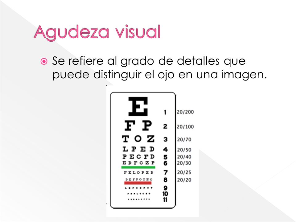 Agudeza visual Se refiere al grado de detalles que puede distinguir el ojo en una imagen.