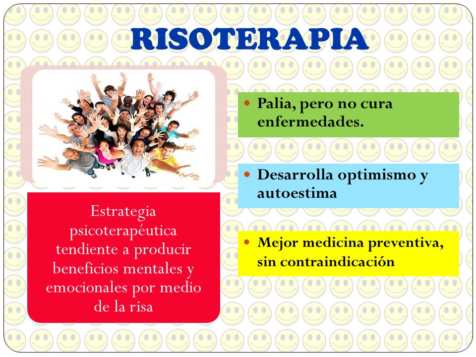 RISOTERAPIA Estrategia psicoterapéutica tendiente a producir beneficios mentales y emocionales por medio de la risa.