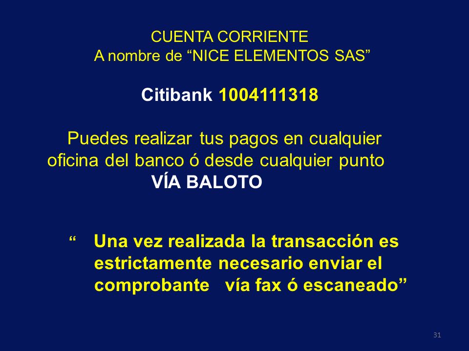CUENTA CORRIENTE A nombre de NICE ELEMENTOS SAS Citibank