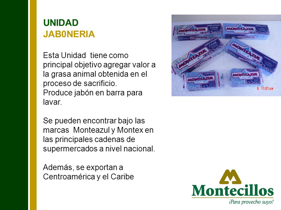 UNIDAD JAB0NERIA. Esta Unidad tiene como principal objetivo agregar valor a la grasa animal obtenida en el proceso de sacrificio.