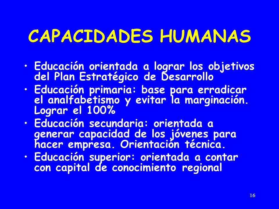 CAPACIDADES HUMANAS Educación orientada a lograr los objetivos del Plan Estratégico de Desarrollo.