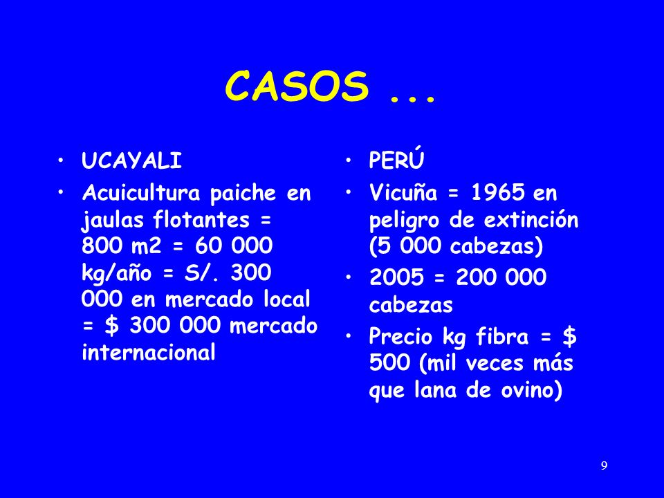 CASOS ... UCAYALI. Acuicultura paiche en jaulas flotantes = 800 m2 = kg/año = S/ en mercado local = $ mercado internacional.