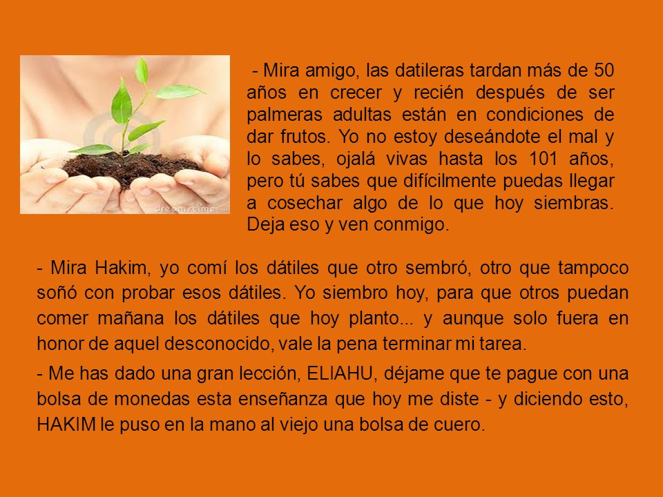 - Mira amigo, las datileras tardan más de 50 años en crecer y recién después de ser palmeras adultas están en condiciones de dar frutos. Yo no estoy deseándote el mal y lo sabes, ojalá vivas hasta los 101 años, pero tú sabes que difícilmente puedas llegar a cosechar algo de lo que hoy siembras. Deja eso y ven conmigo.