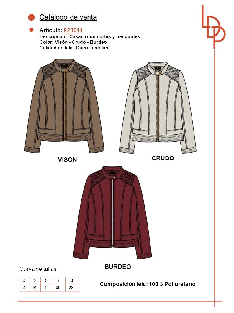 Catálogo de venta CRUDO VISON BURDEO Artículo: Curva de tallas