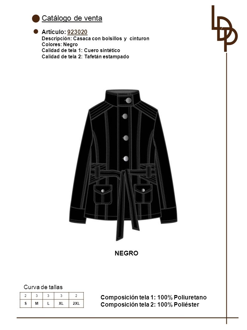 Catálogo de venta NEGRO Artículo: Curva de tallas