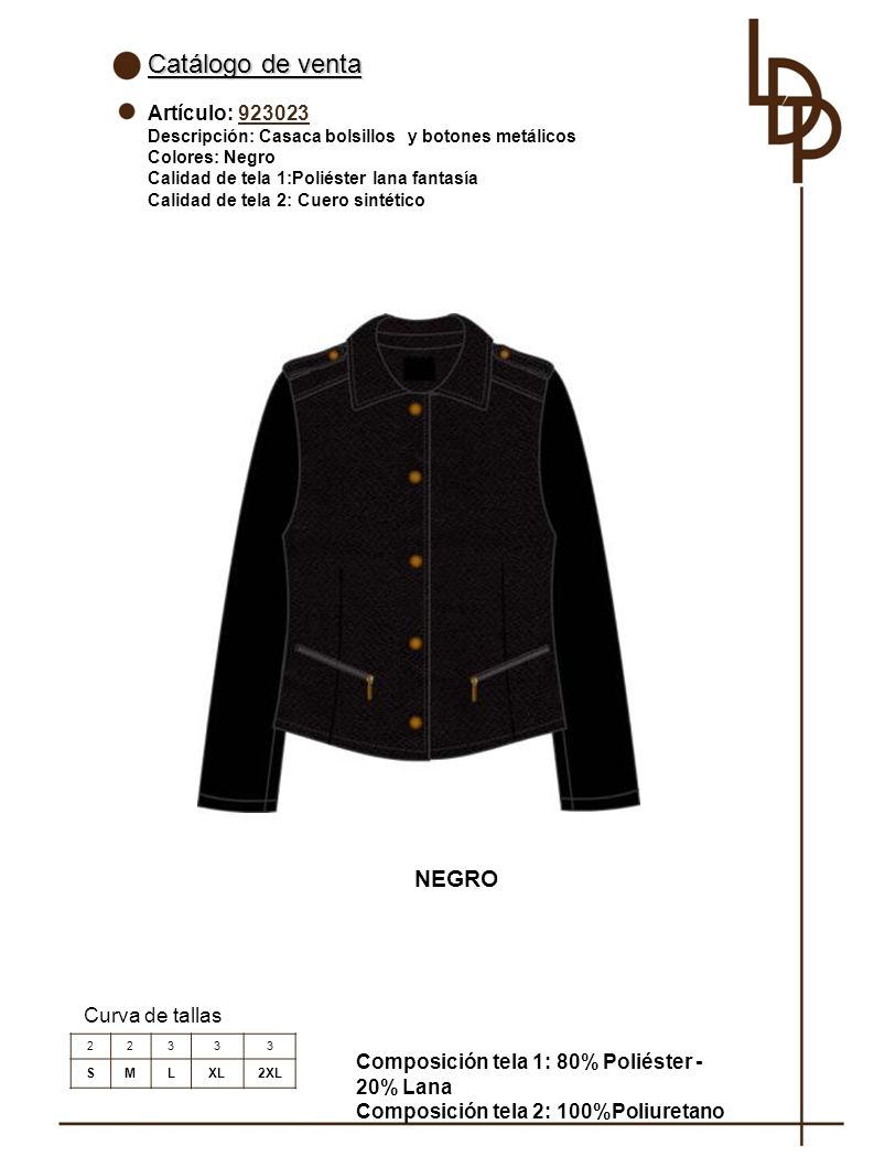 Catálogo de venta NEGRO Artículo: Curva de tallas