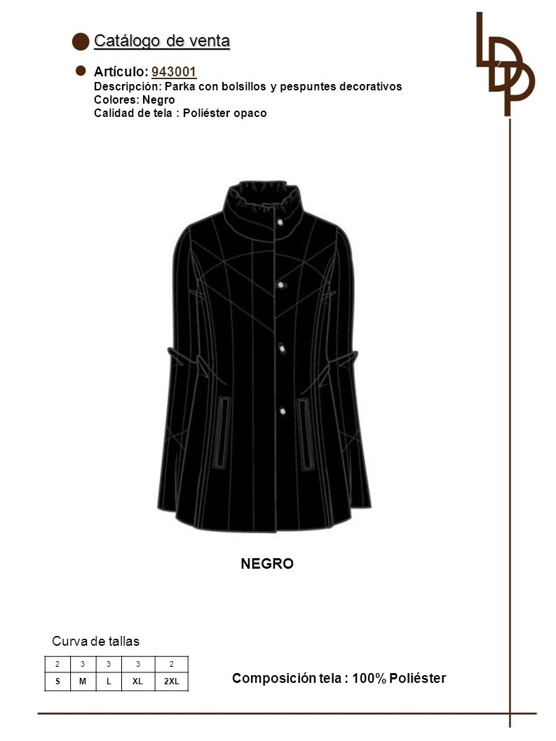 Catálogo de venta NEGRO Artículo: Curva de tallas