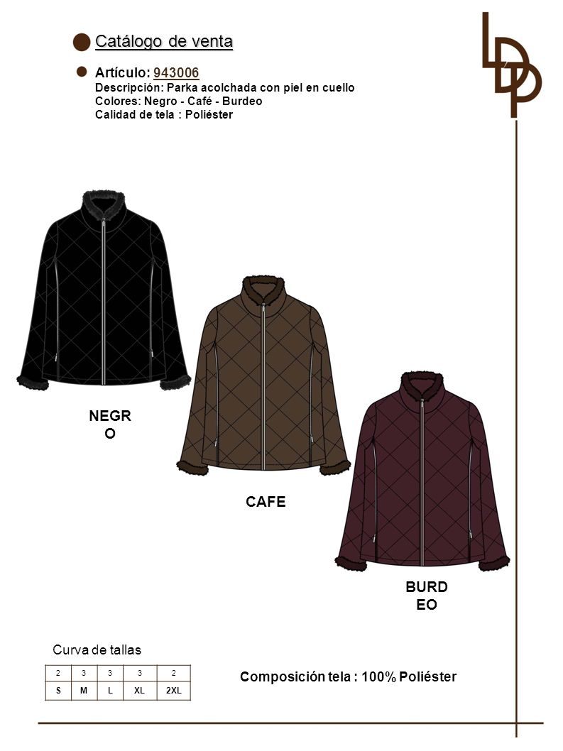 Catálogo de venta NEGRO CAFE BURDEO Artículo: Curva de tallas