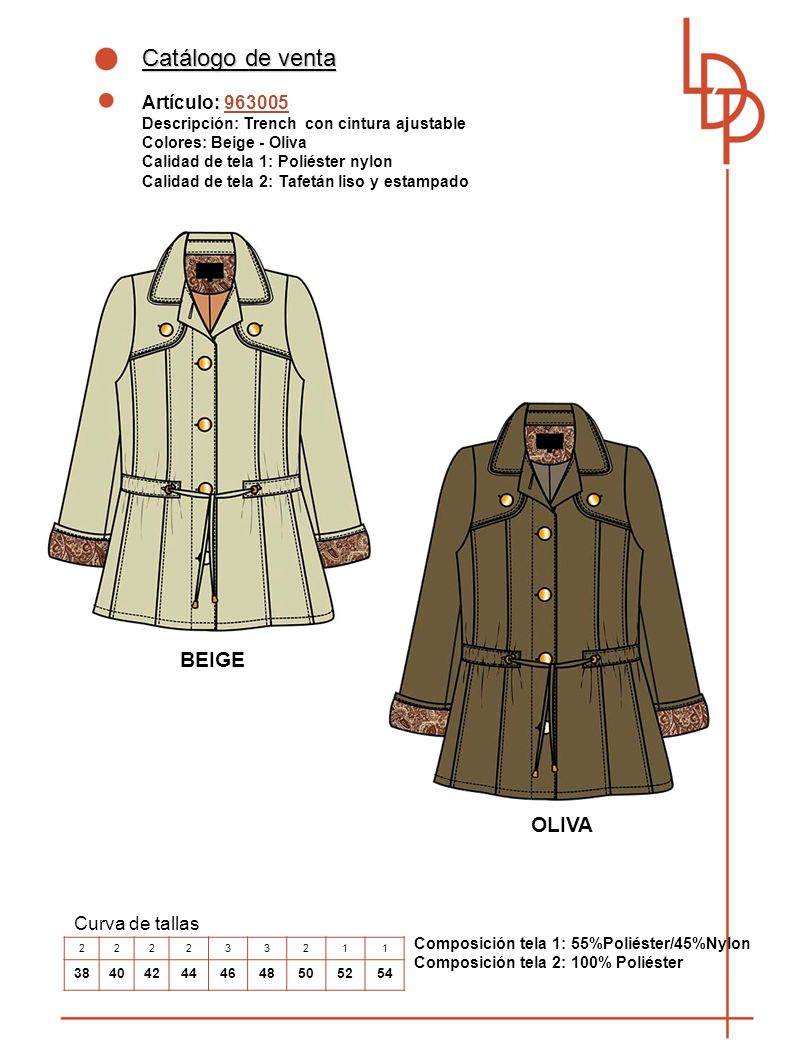 Catálogo de venta BEIGE OLIVA Artículo: Curva de tallas