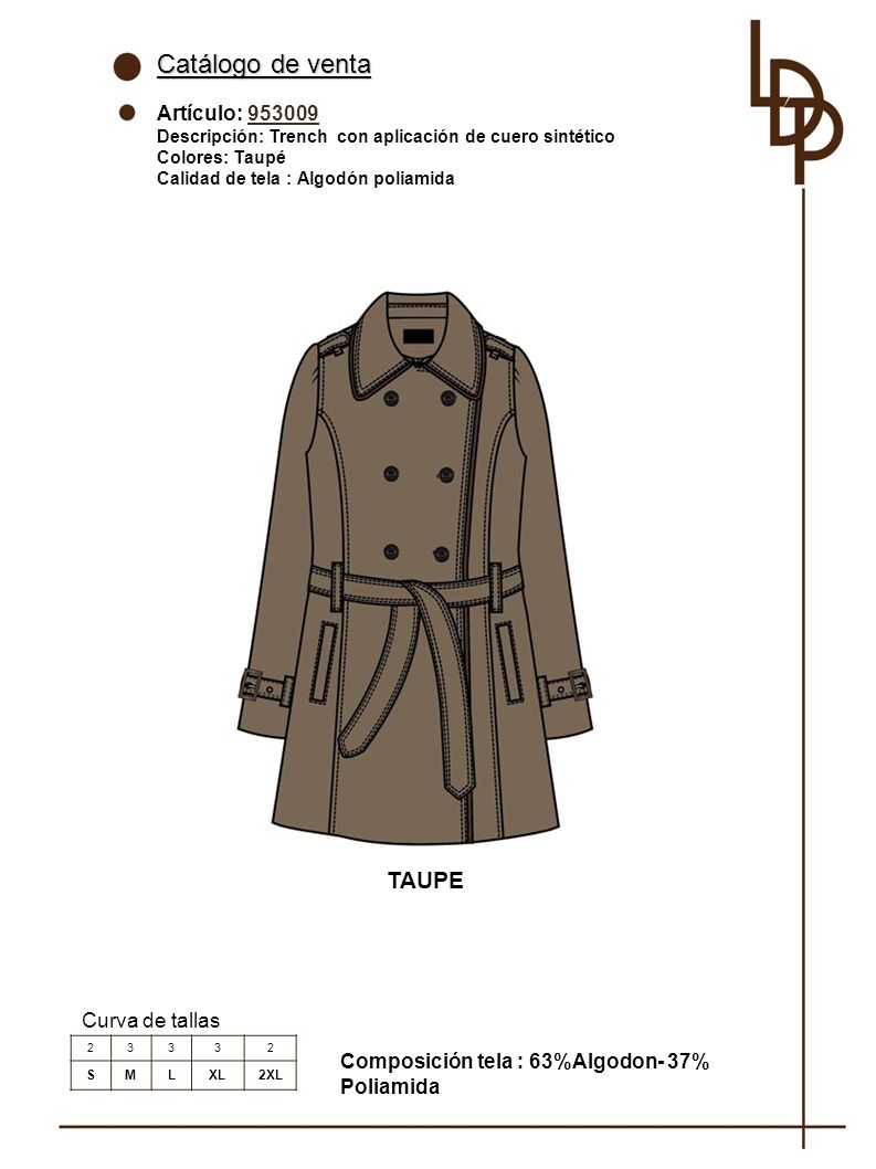 Catálogo de venta TAUPE Artículo: Curva de tallas