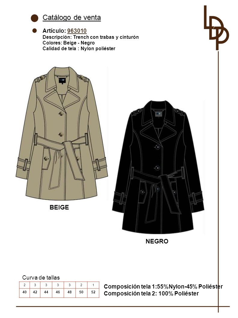 Catálogo de venta BEIGE NEGRO Artículo: Curva de tallas