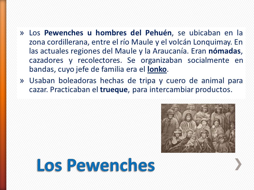 Los Pewenches u hombres del Pehuén, se ubicaban en la zona cordillerana, entre el río Maule y el volcán Lonquimay. En las actuales regiones del Maule y la Araucanía. Eran nómadas, cazadores y recolectores. Se organizaban socialmente en bandas, cuyo jefe de familia era el lonko.