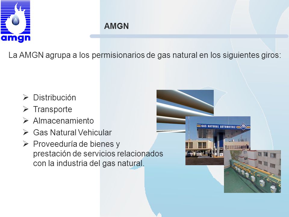 AMGN La AMGN agrupa a los permisionarios de gas natural en los siguientes giros: Distribución. Transporte.