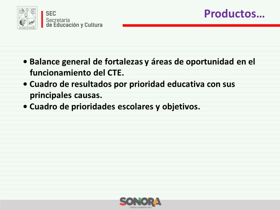 Productos… • Balance general de fortalezas y áreas de oportunidad en el funcionamiento del CTE.
