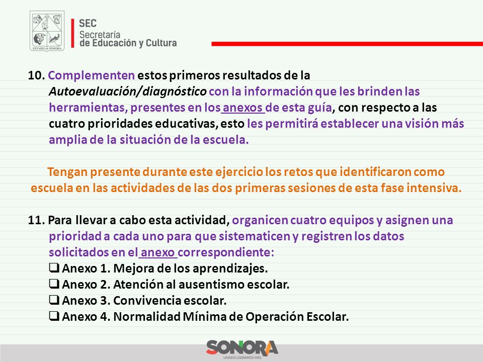 10. Complementen estos primeros resultados de la Autoevaluación/diagnóstico con la información que les brinden las herramientas, presentes en los anexos de esta guía, con respecto a las cuatro prioridades educativas, esto les permitirá establecer una visión más amplia de la situación de la escuela.