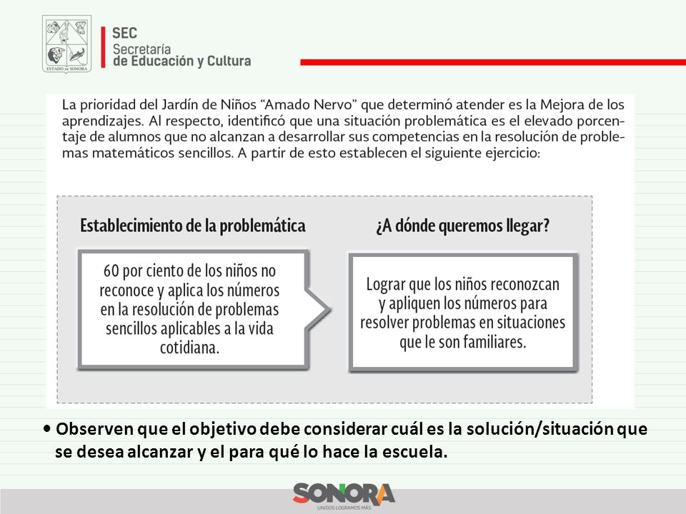 • Observen que el objetivo debe considerar cuál es la solución/situación que se desea alcanzar y el para qué lo hace la escuela.