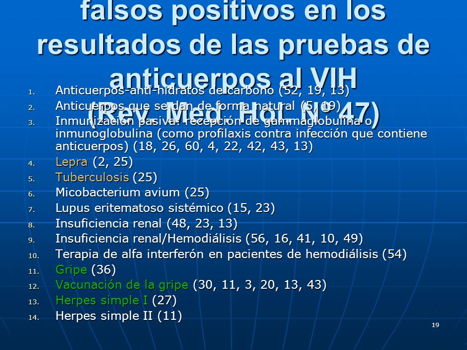 Factores que se sabe causan falsos positivos en los resultados de las pruebas de anticuerpos al VIH (Rev. Med. Hol. Nº 47)