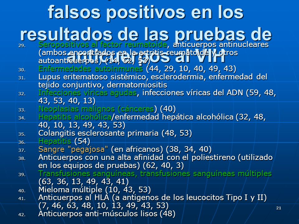 Factores que se sabe causan falsos positivos en los resultados de las pruebas de anticuerpos al VIH