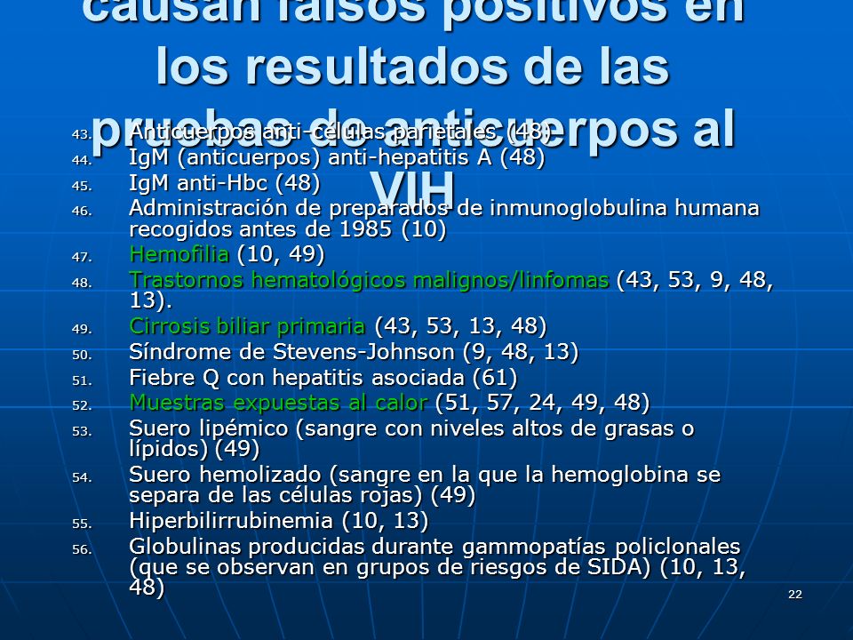 Factores que se sabe causan falsos positivos en los resultados de las pruebas de anticuerpos al VIH