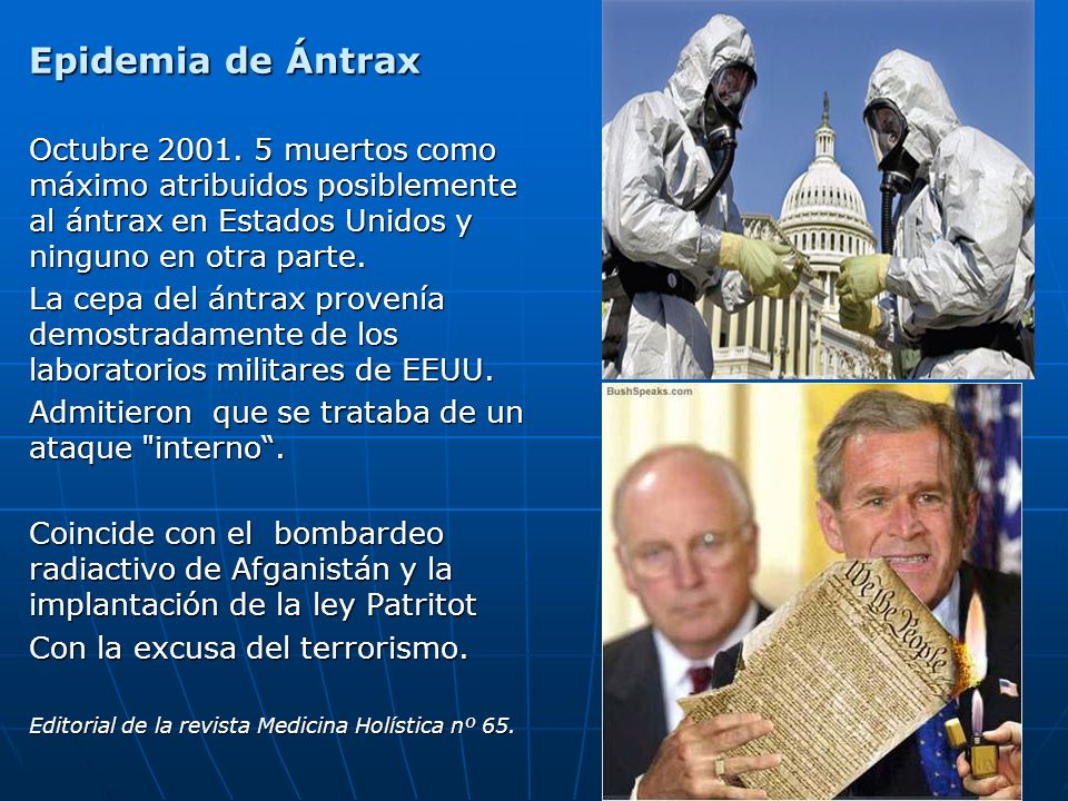 Epidemia de Ántrax Octubre muertos como máximo atribuidos posiblemente al ántrax en Estados Unidos y ninguno en otra parte.