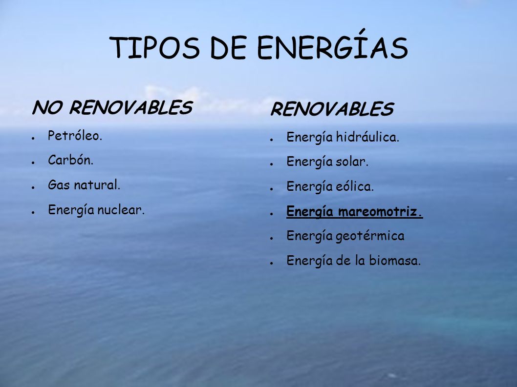 TIPOS DE ENERGÍAS NO RENOVABLES RENOVABLES Petróleo.
