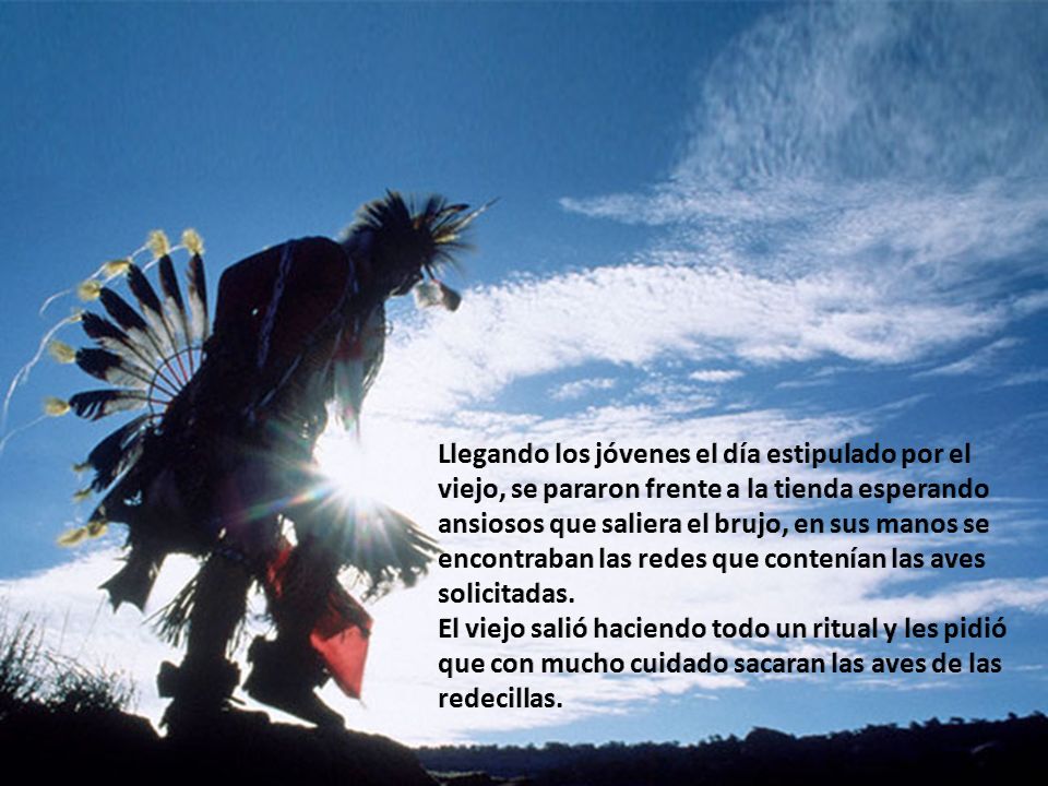 Llegando los jóvenes el día estipulado por el viejo, se pararon frente a la tienda esperando ansiosos que saliera el brujo, en sus manos se encontraban las redes que contenían las aves solicitadas.