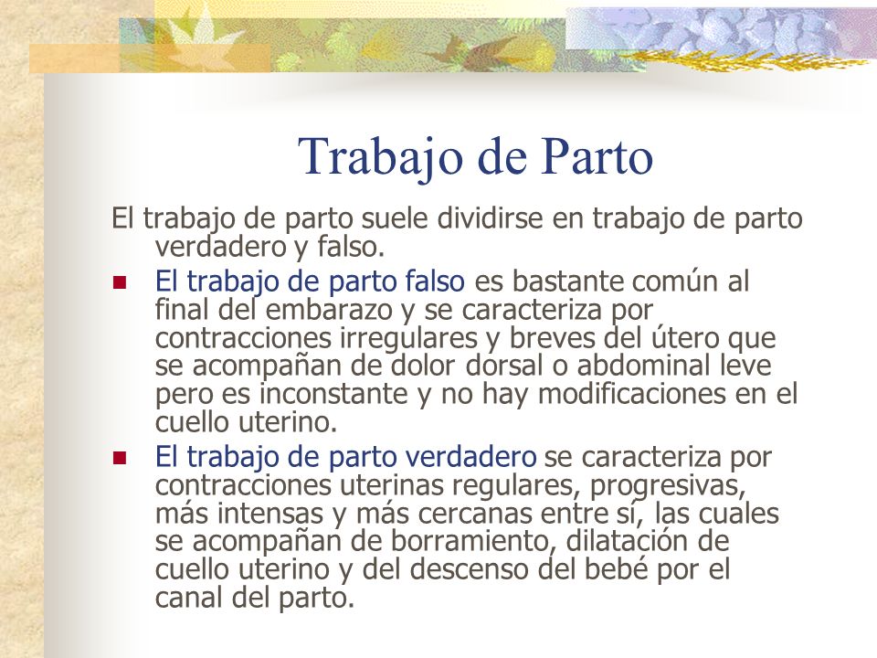Trabajo de Parto El trabajo de parto suele dividirse en trabajo de parto verdadero y falso.