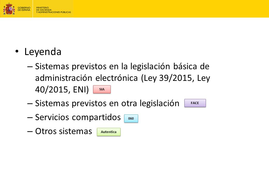 Leyenda Sistemas previstos en la legislación básica de administración electrónica (Ley 39/2015, Ley 40/2015, ENI)