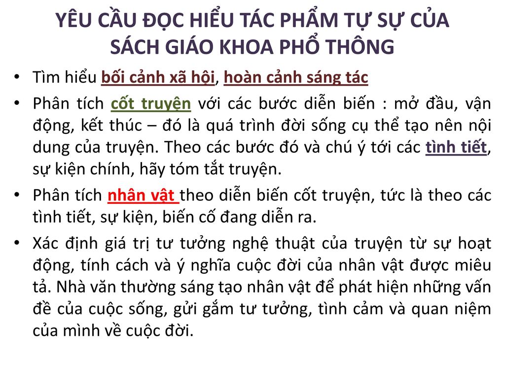 YÊU CẦU ĐỌC HIỂU TÁC PHẨM TỰ SỰ CỦA SÁCH GIÁO KHOA PHỔ THÔNG