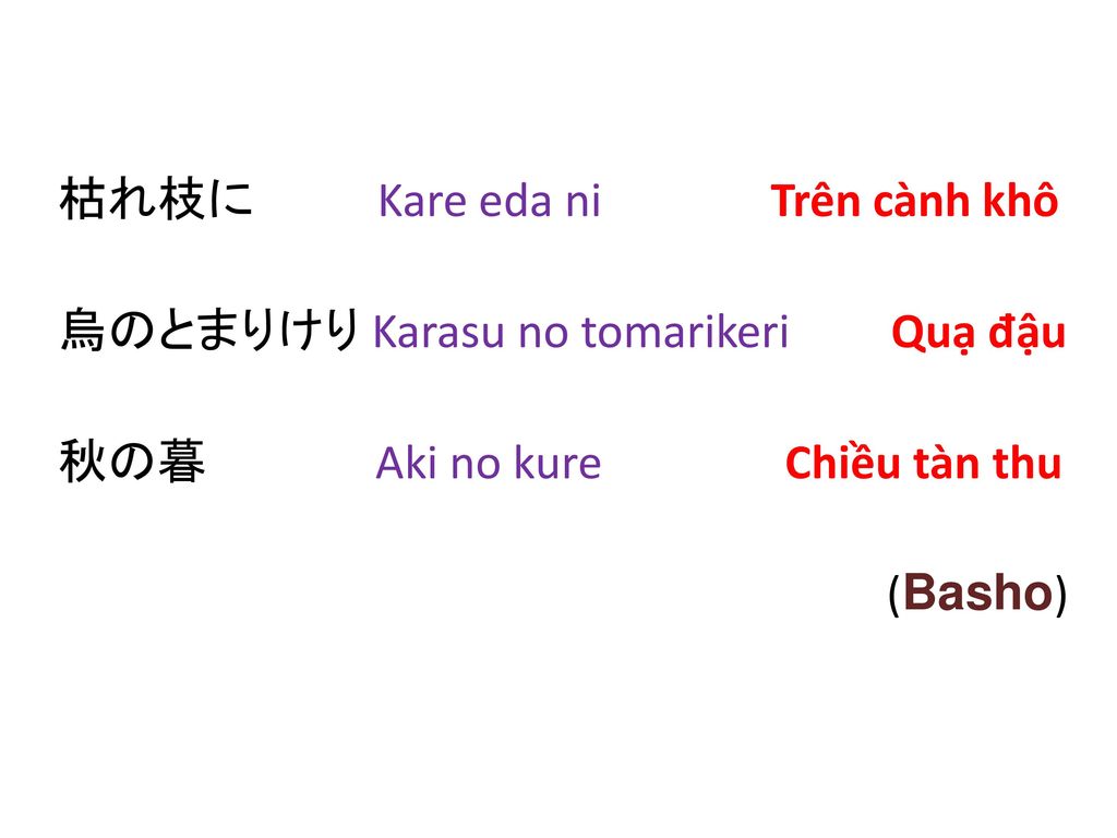枯れ枝に Kare eda ni Trên cành khô 烏のとまりけり Karasu no tomarikeri Quạ đậu 秋の暮 Aki no kure Chiều tàn thu (Basho)