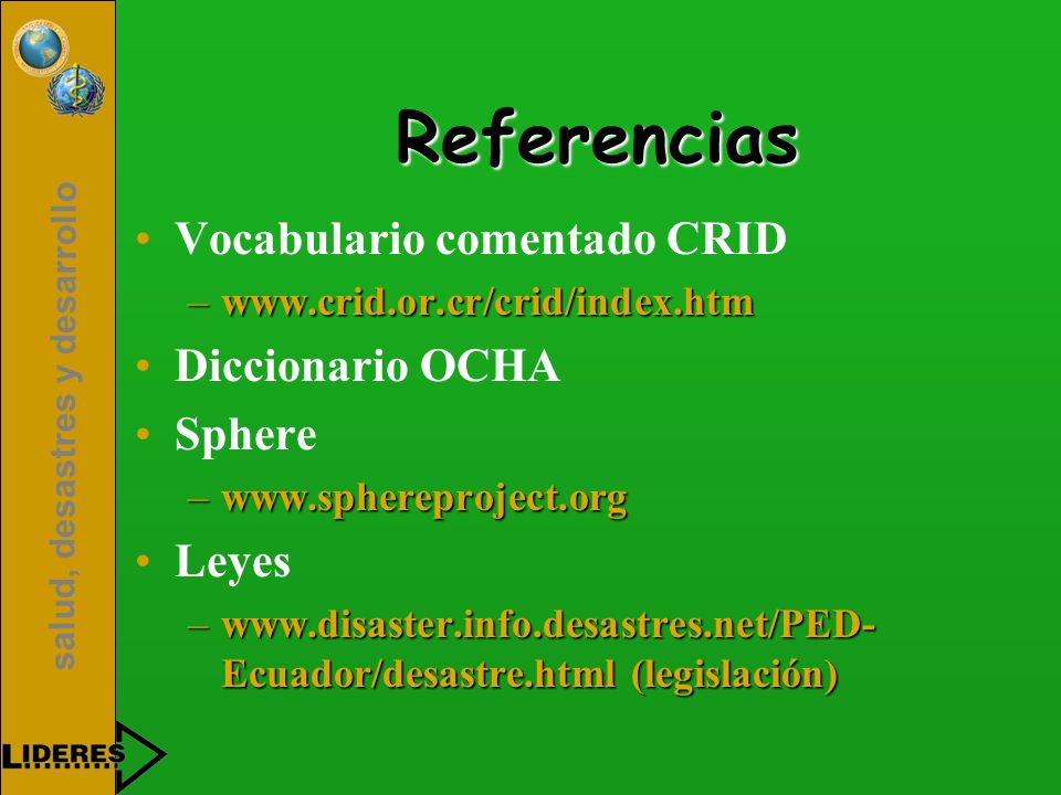 Referencias Vocabulario comentado CRID Diccionario OCHA Sphere Leyes