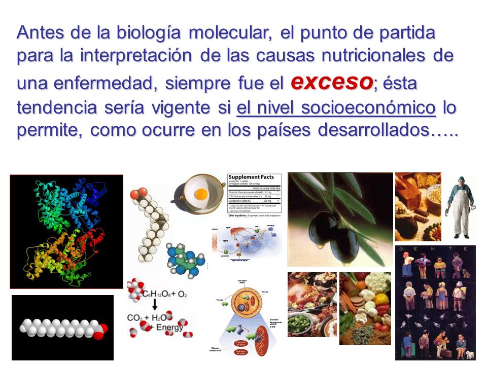 Antes de la biología molecular, el punto de partida para la interpretación de las causas nutricionales de una enfermedad, siempre fue el exceso; ésta tendencia sería vigente si el nivel socioeconómico lo permite, como ocurre en los países desarrollados…..